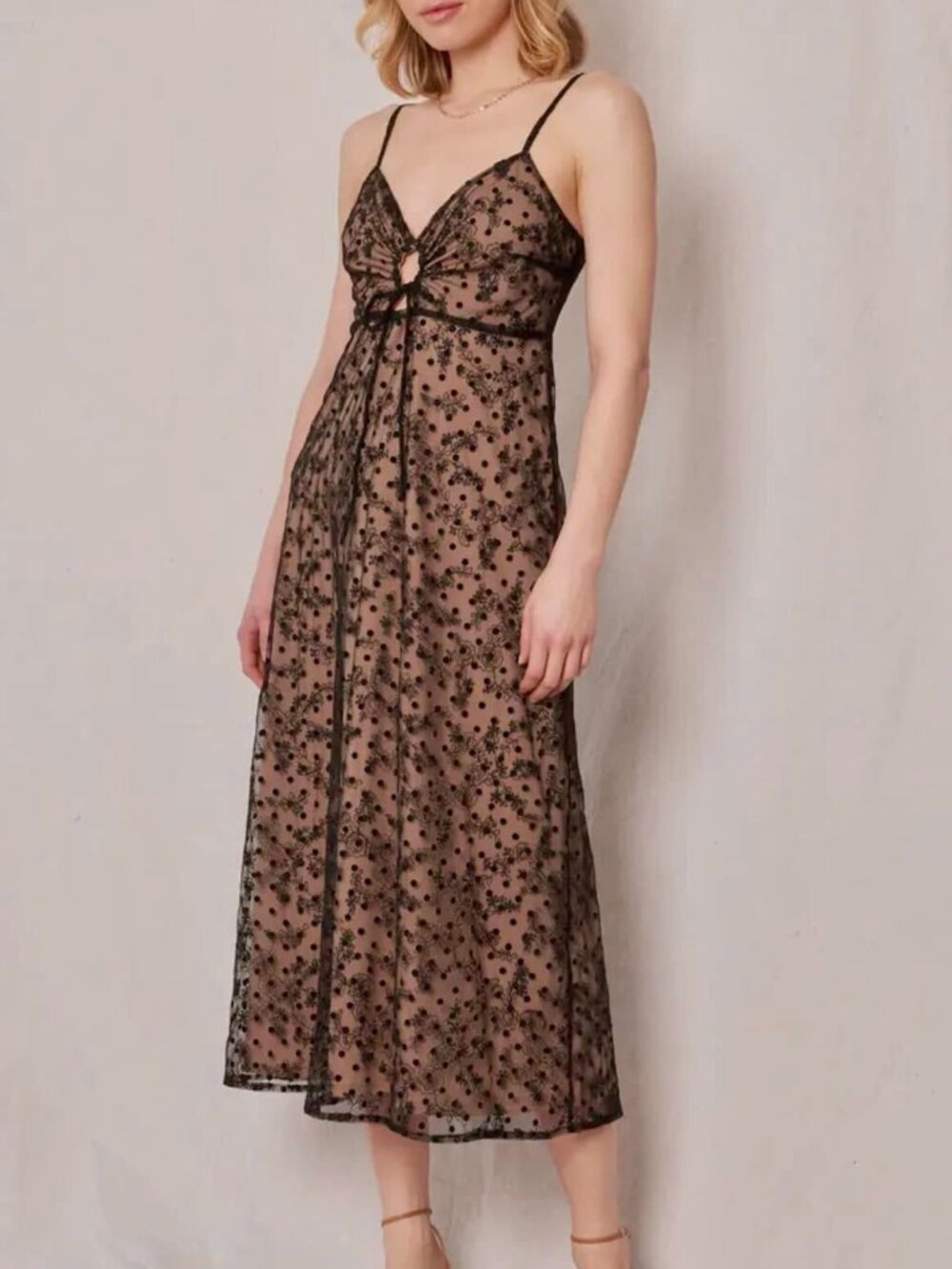 En Crème black embroidered mesh midi dress nude lining polka dot size L